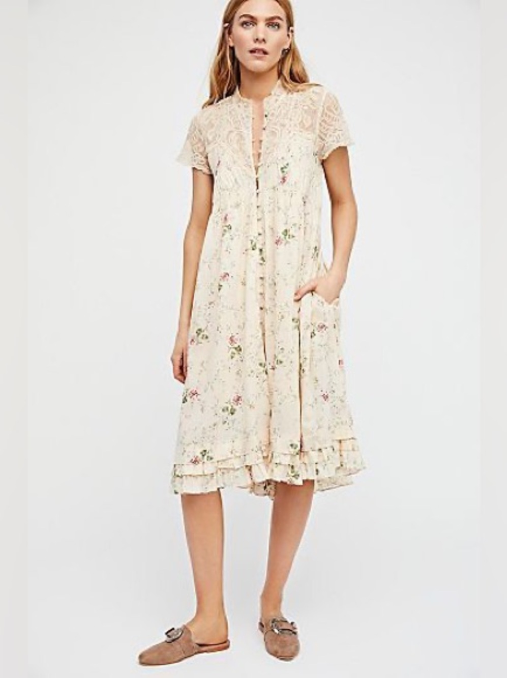 Cottagecore Peasant Boho Free People Lace Floral Cotton Midi Dress Cream Medium